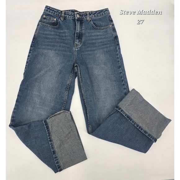 Steve Madden Denim - Steve Madden Romona Wide Leg Cuffed Jeans Size 27 High Rise Dark Wash